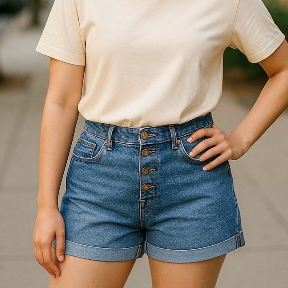 Old Navy Women's size 12 High Waist Blue Denim Shorts button fly slimming